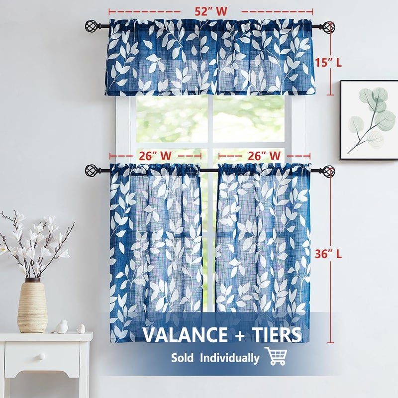 Treatmentex Leaf Kitchen Window Curtains for Bathroom Bassement Navy Blue and White CafÃ© Curtain Panels Half Window Curtains 36inches 2 Panels - Image 2